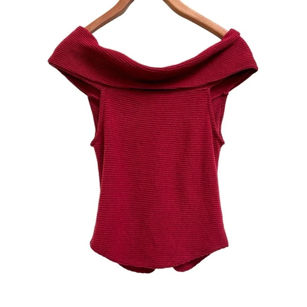 Free People FP This Cutie Red Ribbed Off Shoulder Top, Size Small